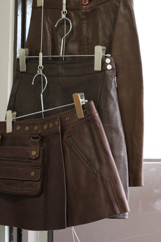 Y2K style Vintage Brown Leather Mini skirt x3点