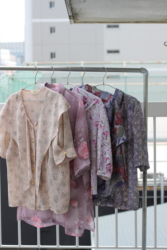 Vintage Pink Purple Flower Short Sleeve Blouse x7点
