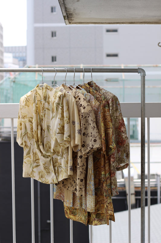 Vintage Yellow Beige Flower Short Sleeve Blouse x6点