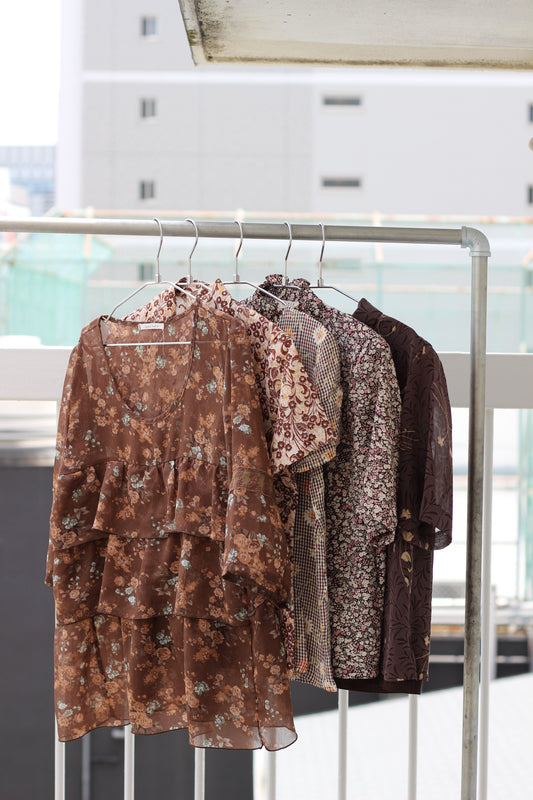 Vintage Brown Flower Short Sleeve Blouse x5点