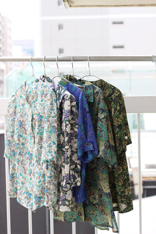 Vintage Blue Green Design Short Sleeve Blouse x7点
