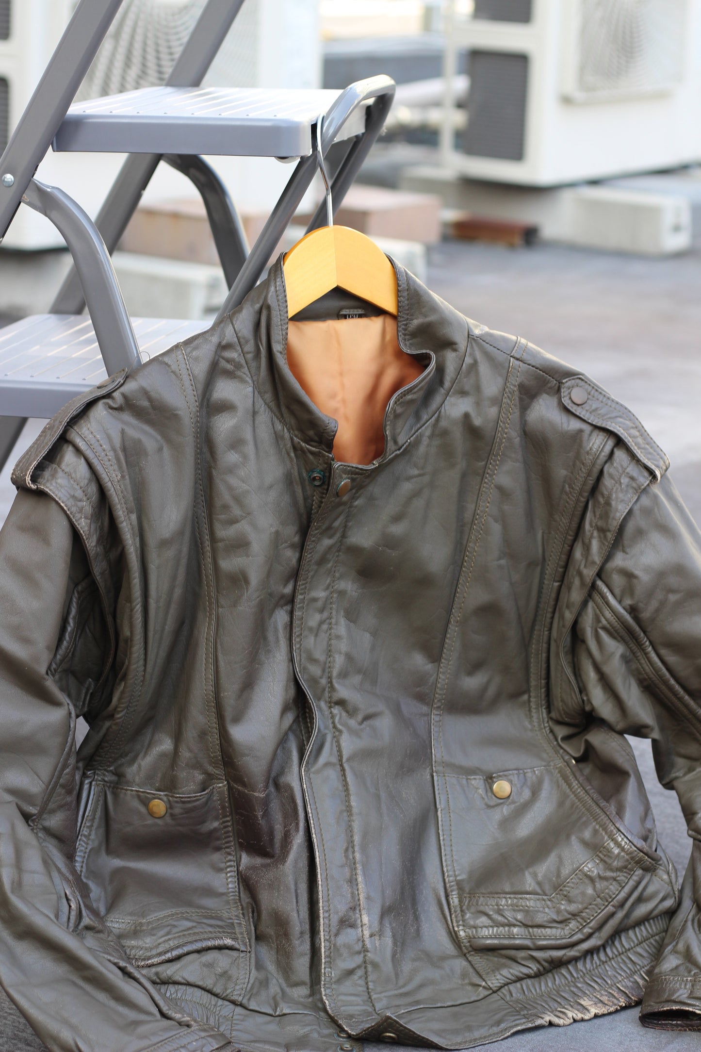 Men's Green Khaki Short Leather Jacket x2点