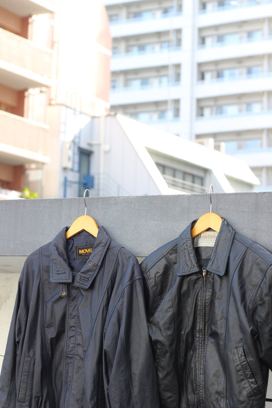 Men's Vintage Black & Navy Short Leather Jacket x2点