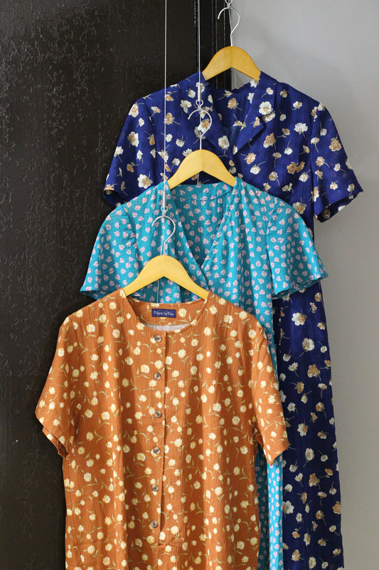 Vintage Flower Short Sleeve One-Piece x3点
