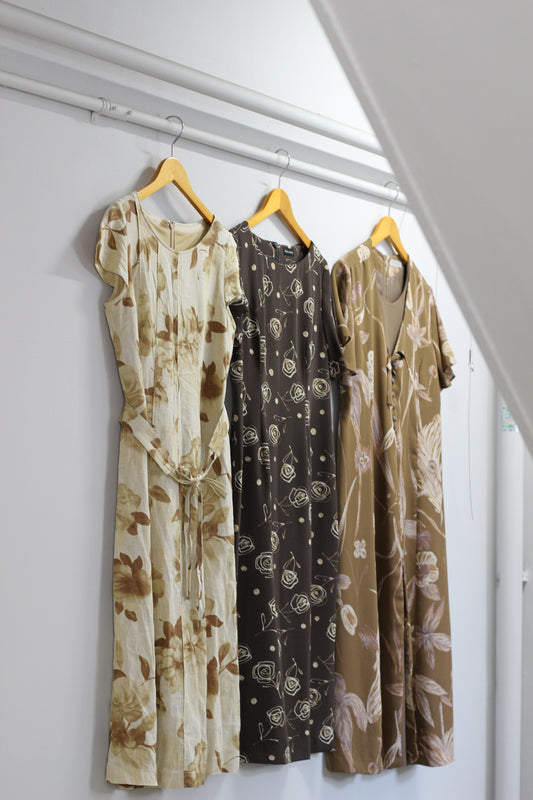 Vintage Brown Flower Short Sleeve One-Piece x3点