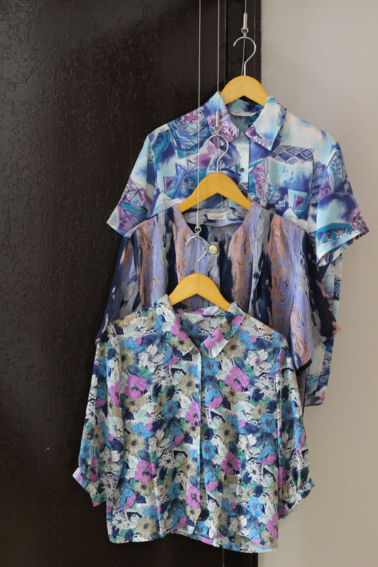 Vintage Blue Purple Design Short Sleeve Blouse x6点