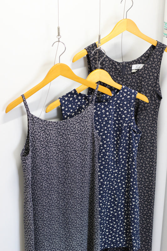 Vintage Navy Small Flower No Sleeve One-Piece x3点