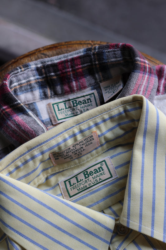 80-90's Made In USA L.L.Bean Stripe & Check Long Sleeve Shirt set x2点