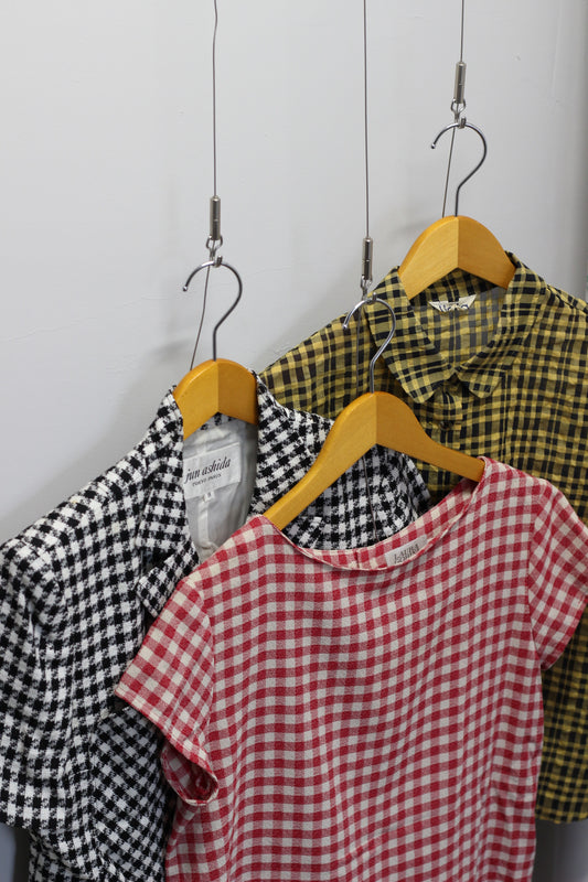 Vintage Gingham Check Short Sleeve Blouse x4点