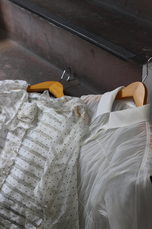 Vintage White Sheer Design Long Sleeve Blouse x2点