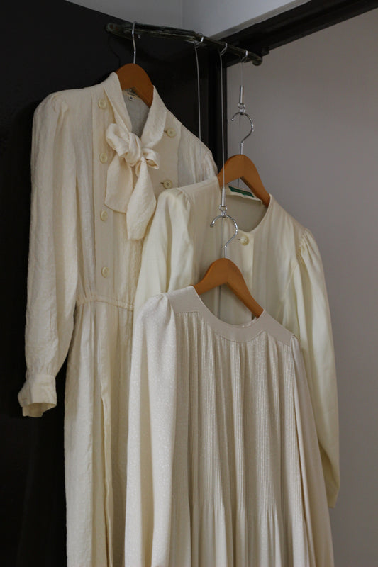 Vintage White Beige Long Sleeve One-Piece x3点