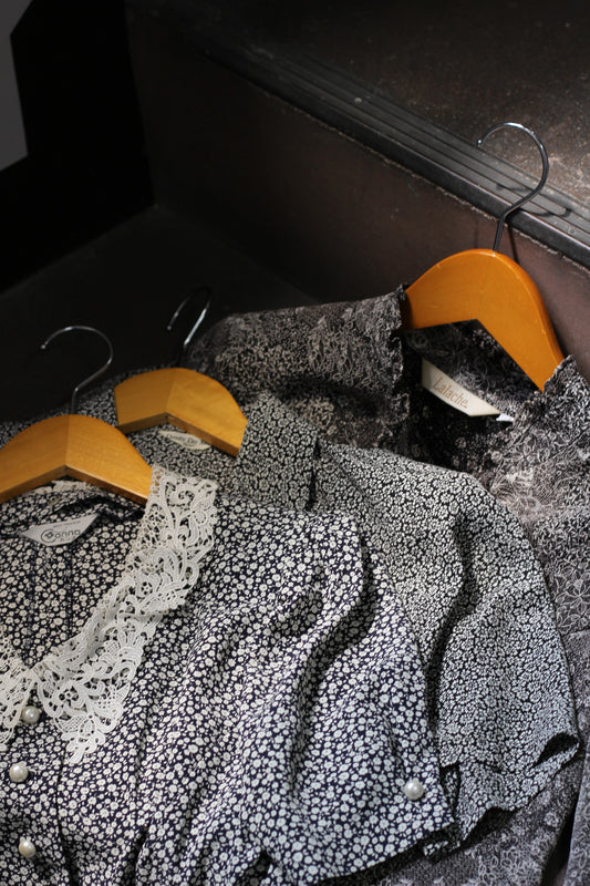 Vintage Black Flower Short Sleeve Blouse x4点