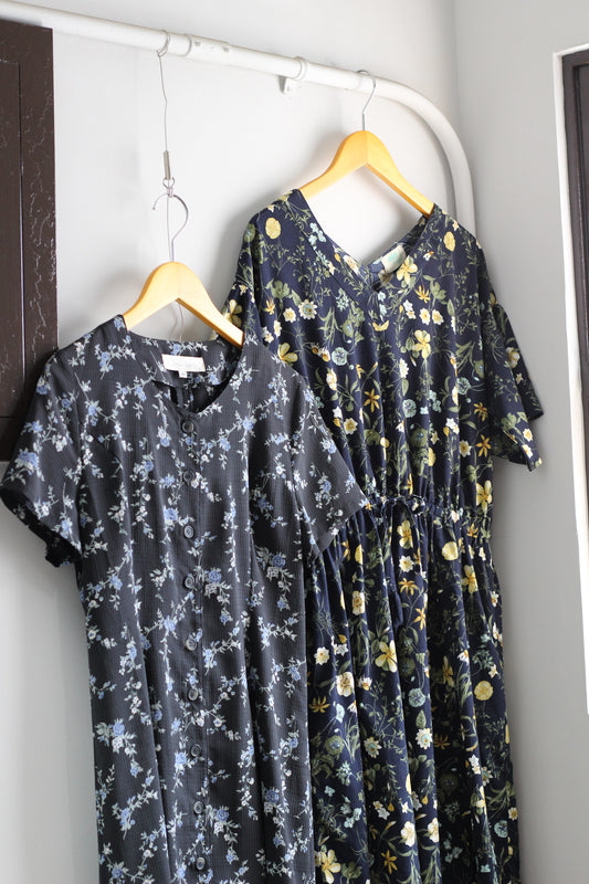 Vintage Black Navy Floral Short Sleeve One-Piece x4点