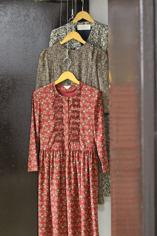 Vintage Retro Flower Long Sleeve One-Piece x3点