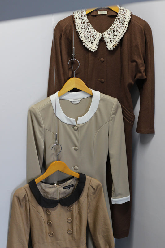 Vintage Brown Beige Collar Long Sleeve One-Piece x3点