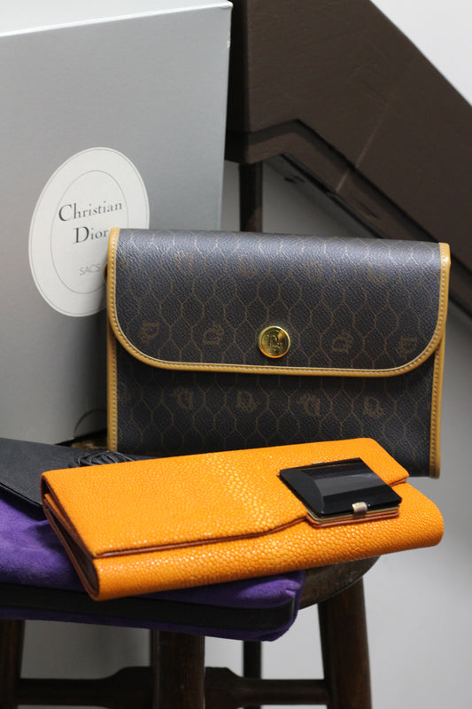 80's Old Christian Dior Honeycomb Pattern "Deadstock" Leather Bag & Women's Vintage Clutch Bag set x3点