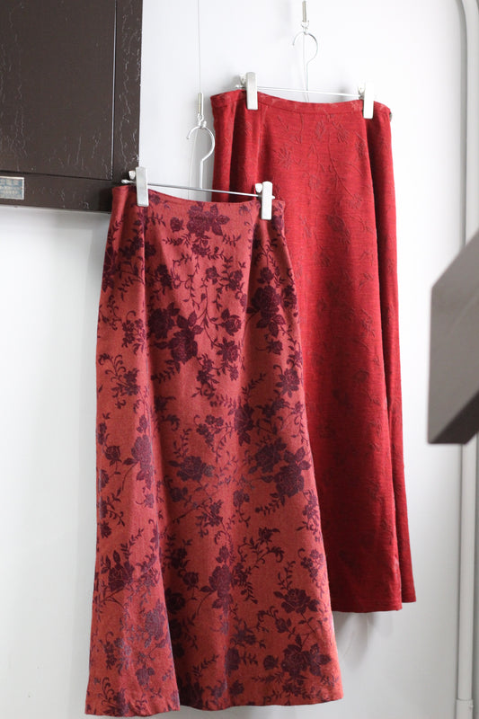 Vintage Red Jacquard Flower Wool Long Skirt x2点