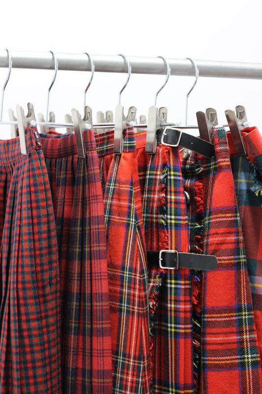 Vintage Red Check Pleats Wool Skirt x6点