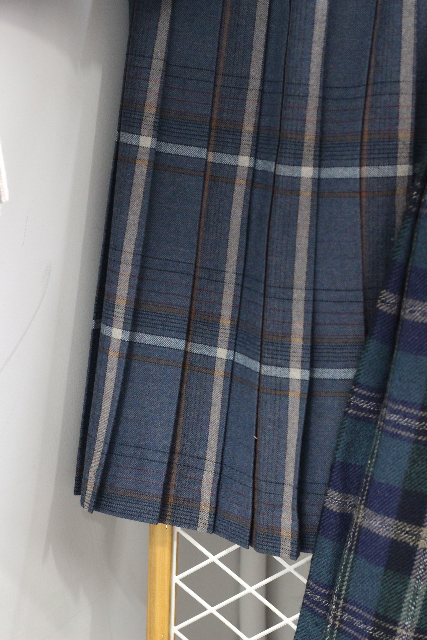 Vintage Blue Check Pleats Wool Skirt x4点