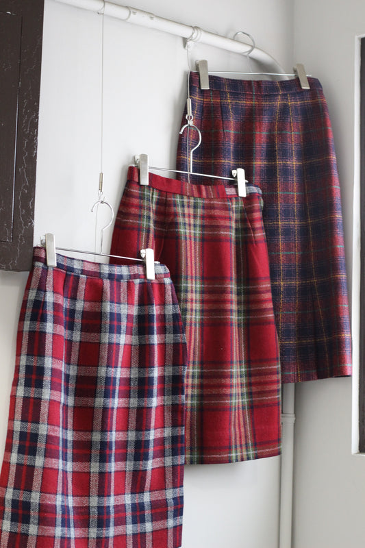 Vintage Red Check Wool Tight Skirt x3点