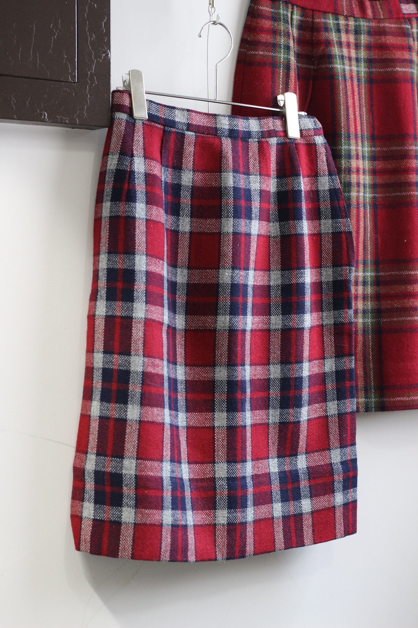 Vintage Red Check Wool Tight Skirt x3点
