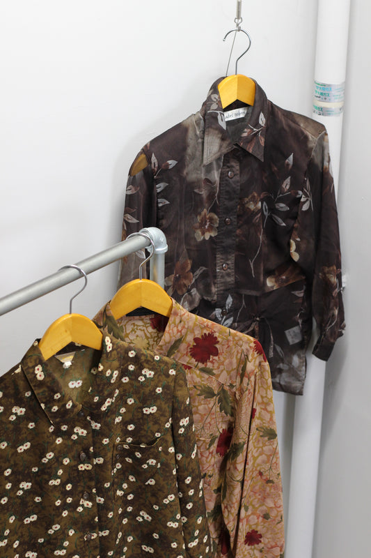 Vintage Brown Flower Long Sleeve Blouse x4点