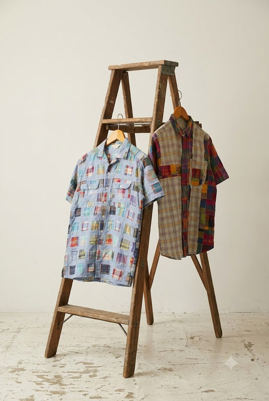 Men's Vintage Short Sleeve Patchwork Check Shirt x2点
