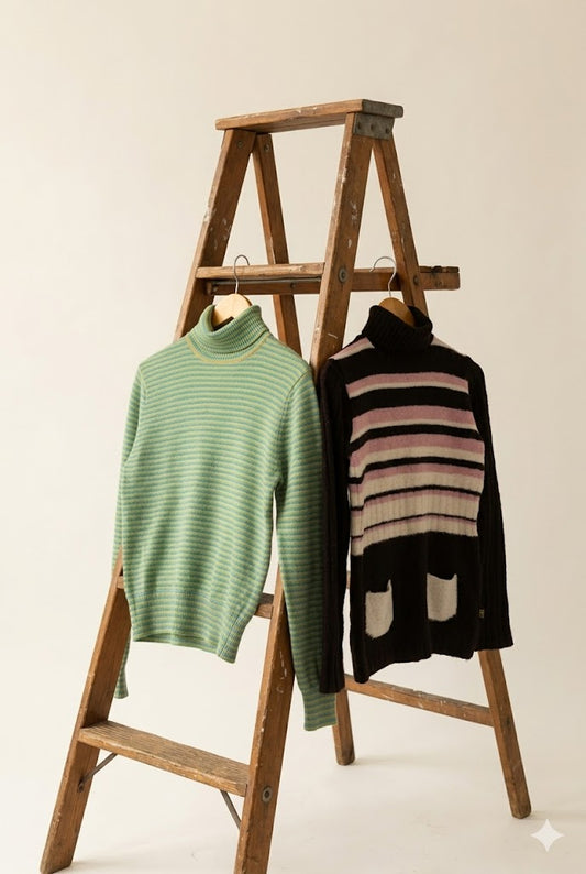 Made In Italy & Scotland Women's Y2K Style Stripe Turtleneck Knit Sweater x2点