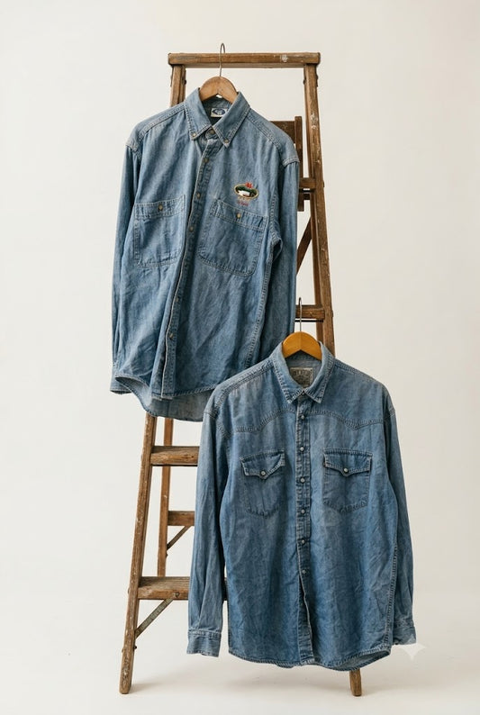 Men's Vintage Long Sleeve Denim Shirt x2点