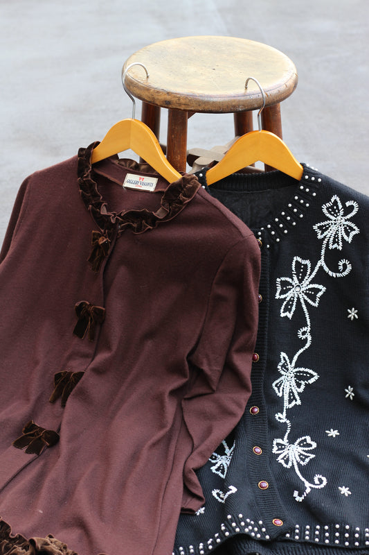 Women's Vintage Ribbon & Flower Design Cardigan x3点