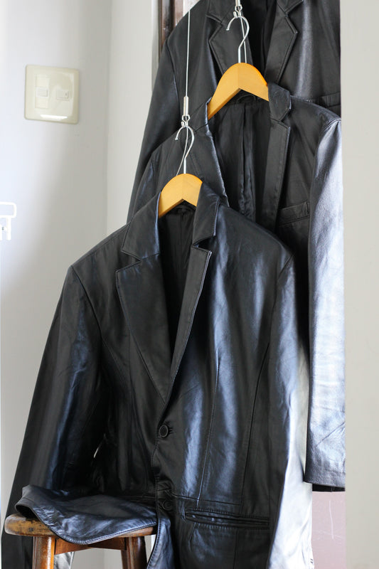 Men's Vintage Black Leather Tailored Jacket x3点