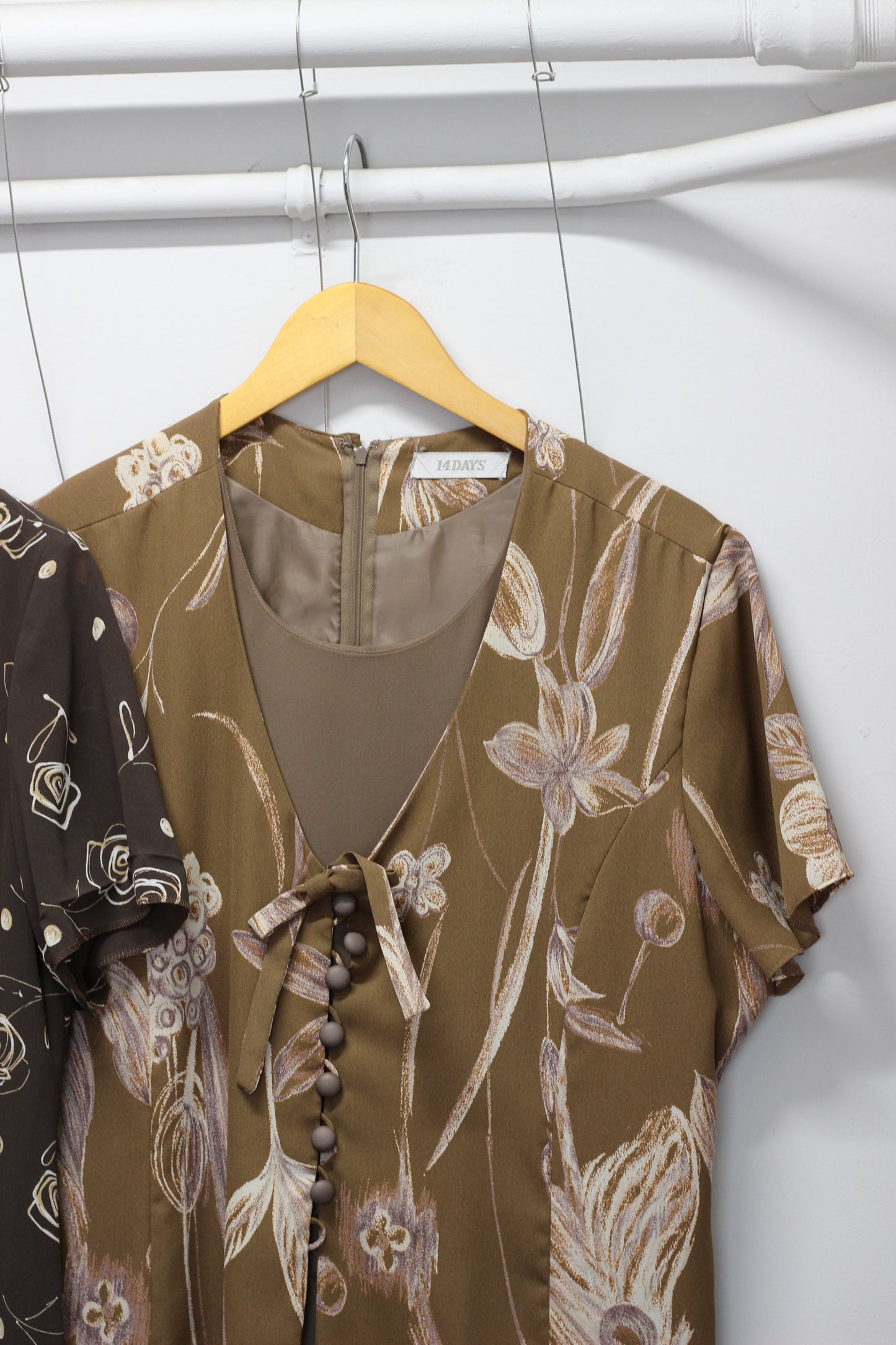 Vintage Brown Flower Short Sleeve One-Piece x3点