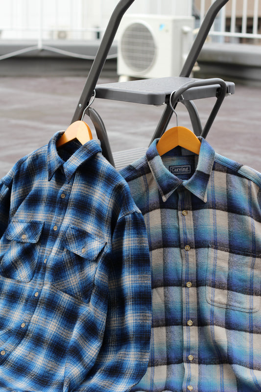 Men's Vintage Blue ombre Check Flannel Shirt set x2点