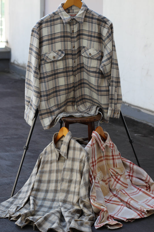 Men's Cream-Based Checked Flannel Shirt x4点
