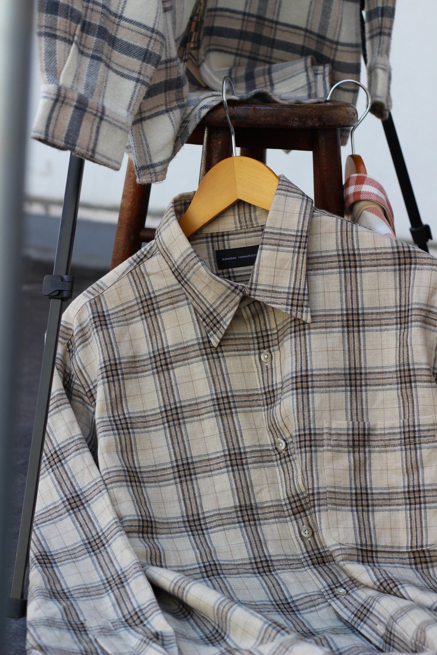 Men's Cream-Based Checked Flannel Shirt x4点