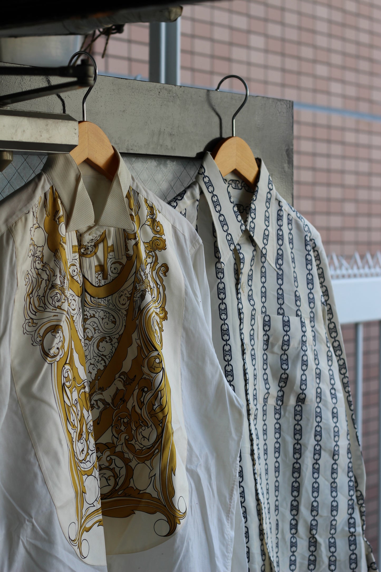 90's Hermes Carre Scarf Trim & Celine Triomphe Chain Pattern Long Sleeve Shirt set x2点