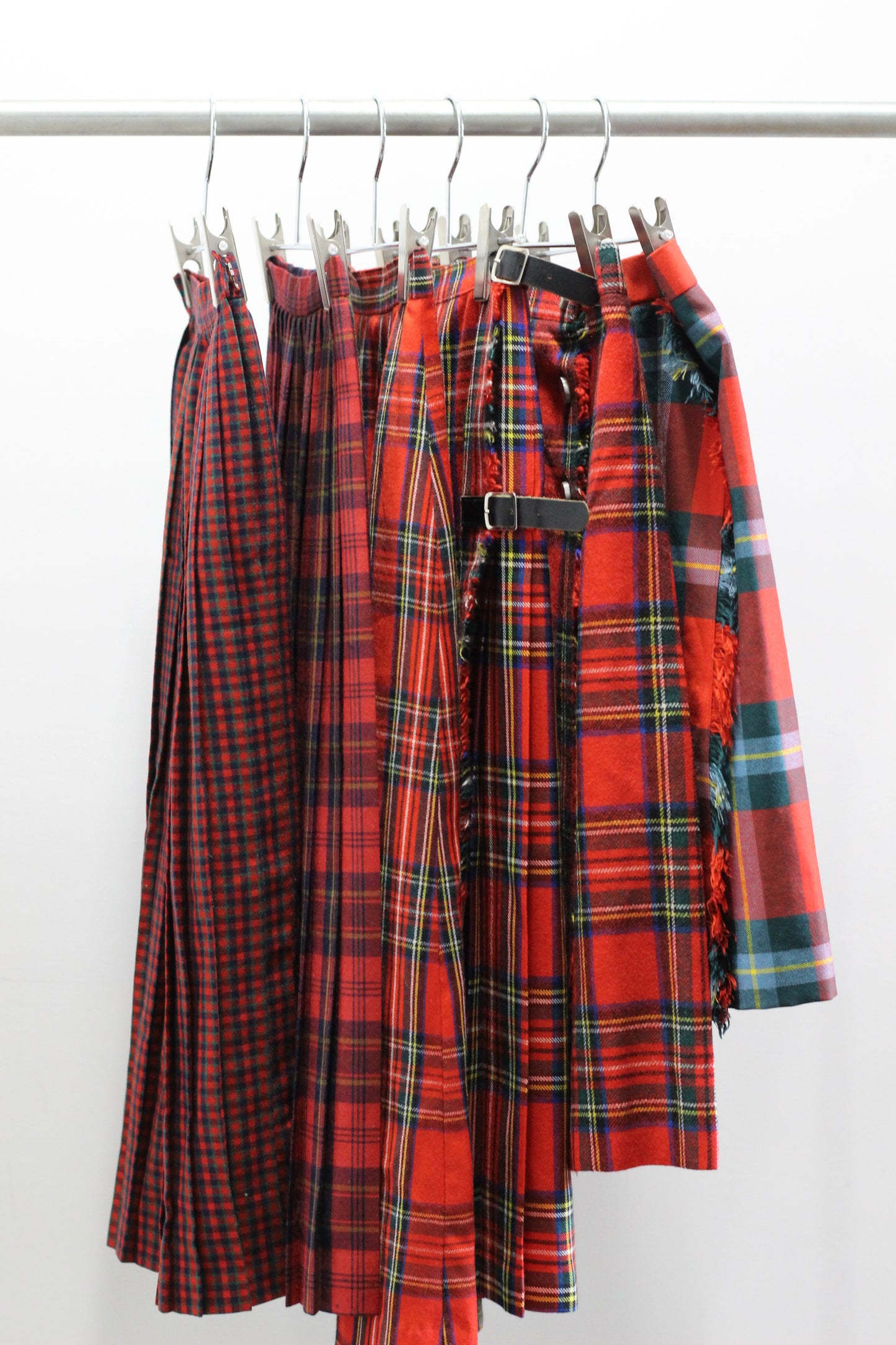 Vintage Red Check Pleats Wool Skirt x6点
