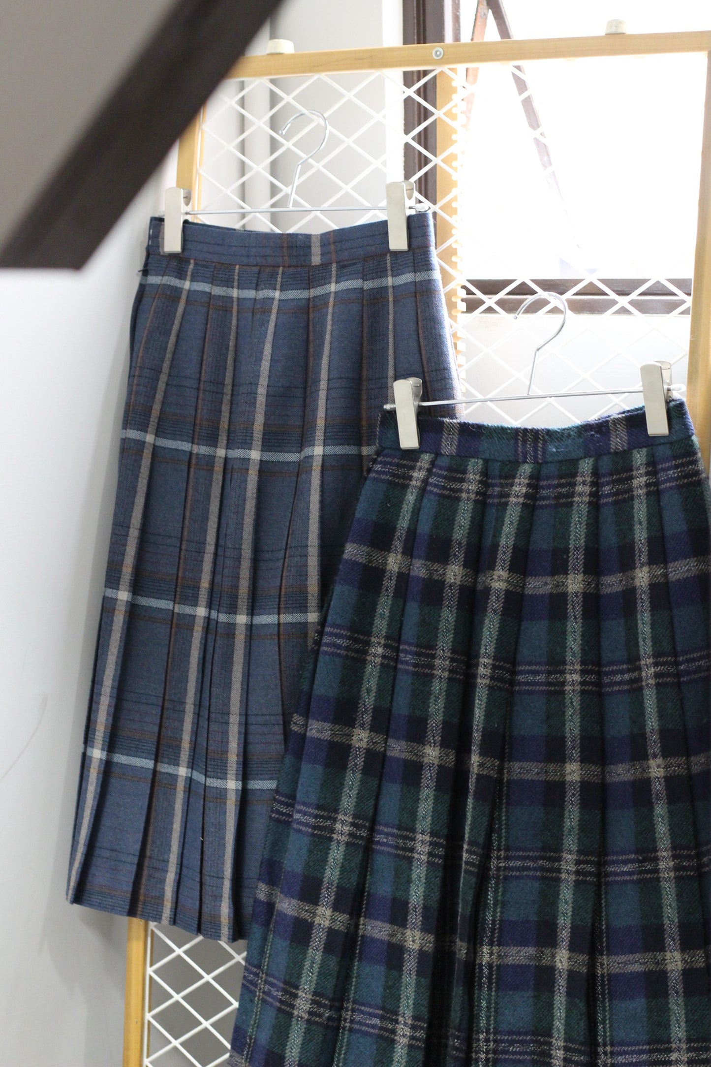 Vintage Blue Check Pleats Wool Skirt x4点
