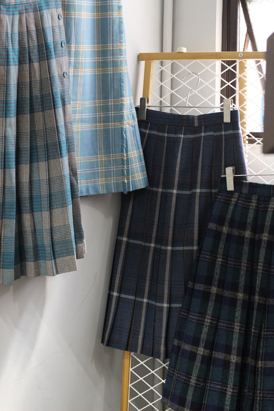 Vintage Blue Check Pleats Wool Skirt x4点