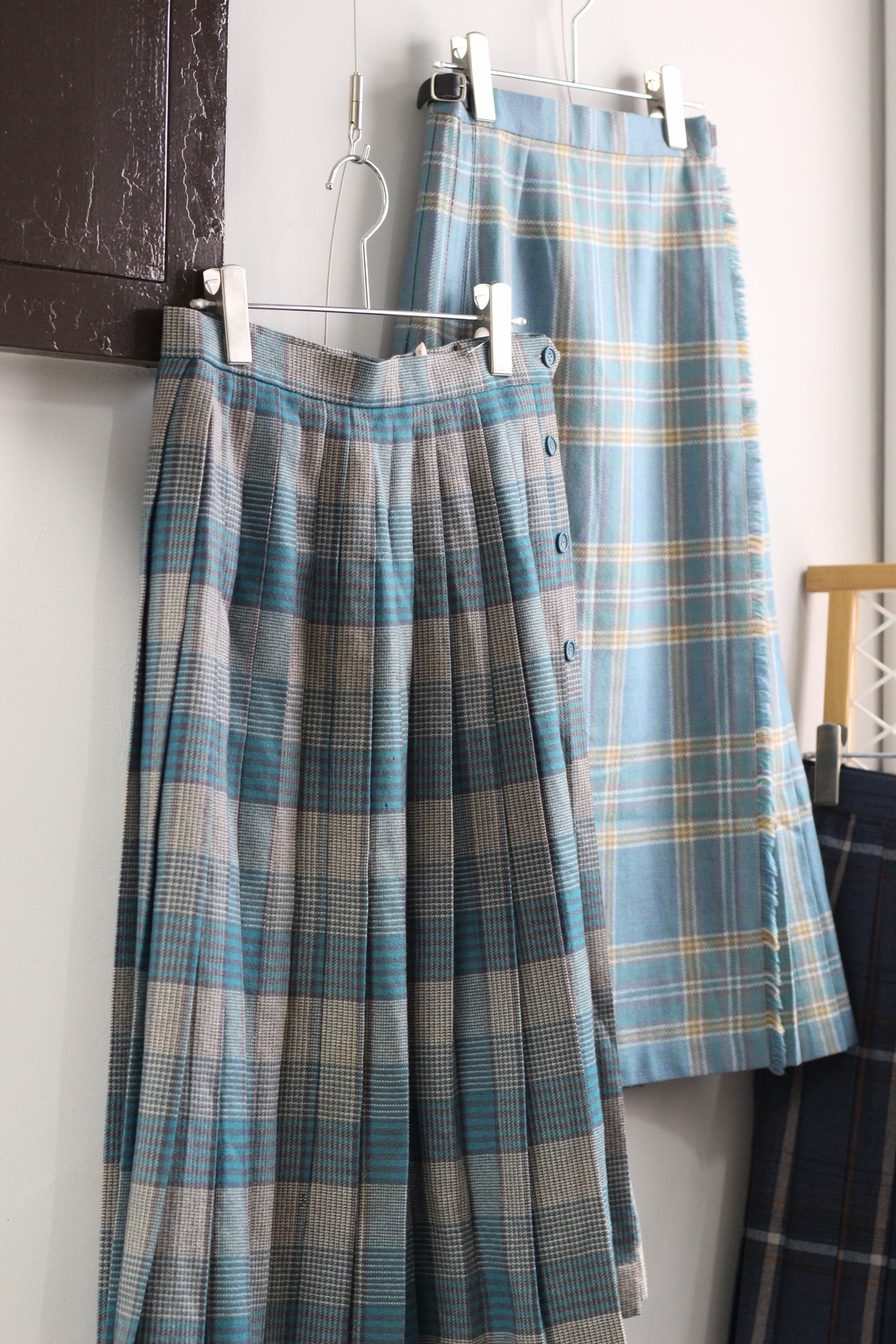 Vintage Blue Check Pleats Wool Skirt x4点