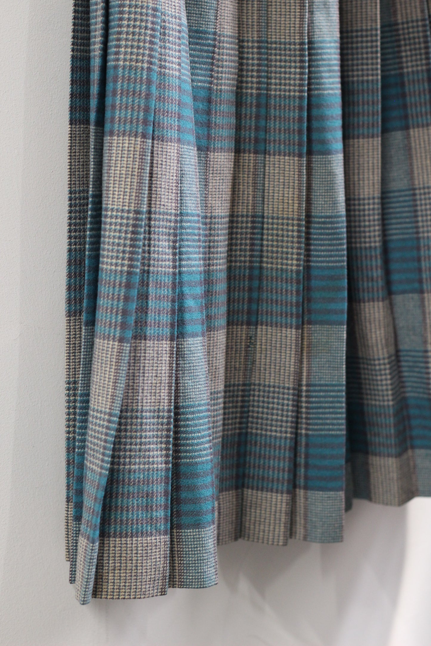 Vintage Blue Check Pleats Wool Skirt x4点