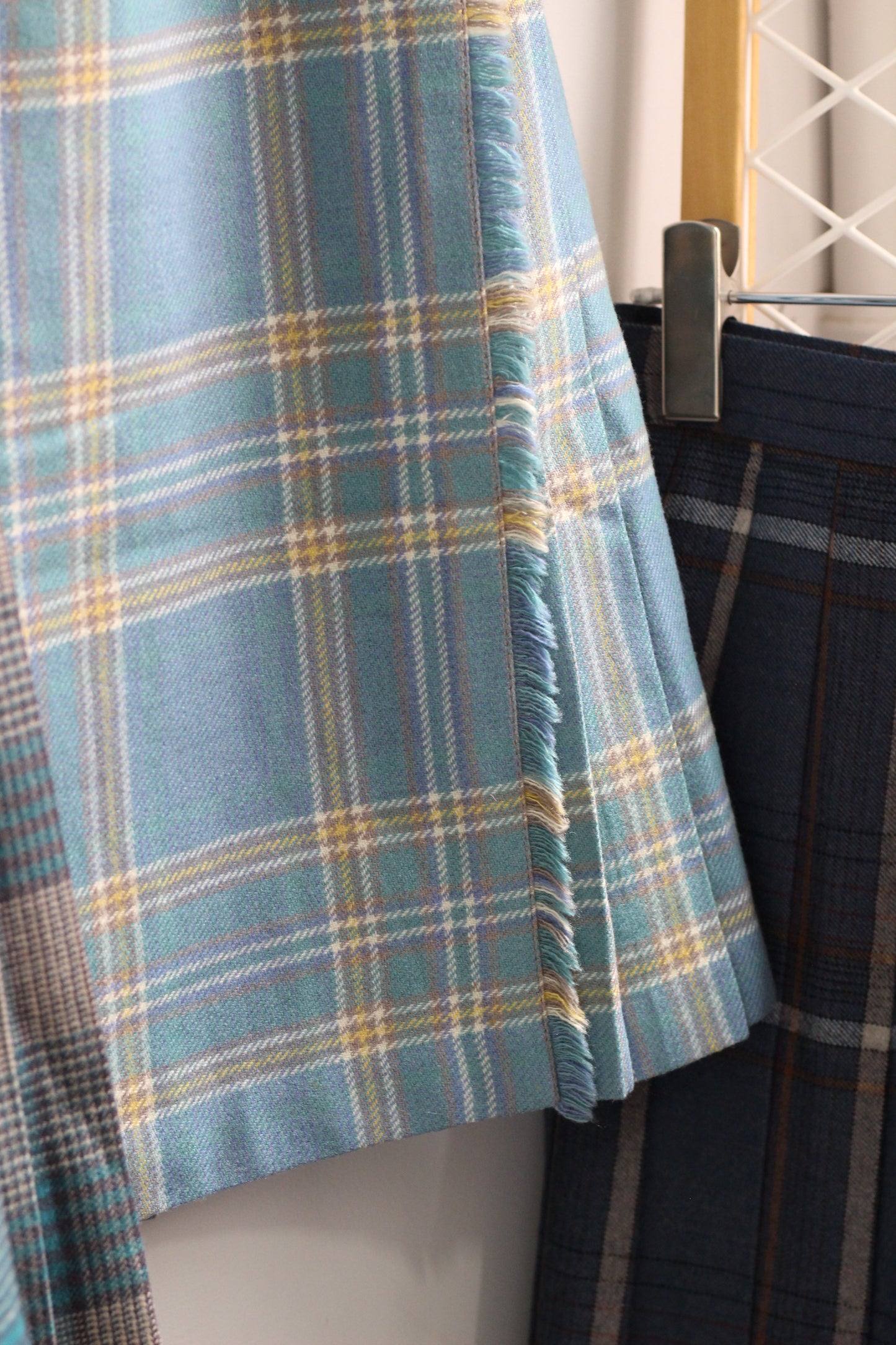 Vintage Blue Check Pleats Wool Skirt x4点