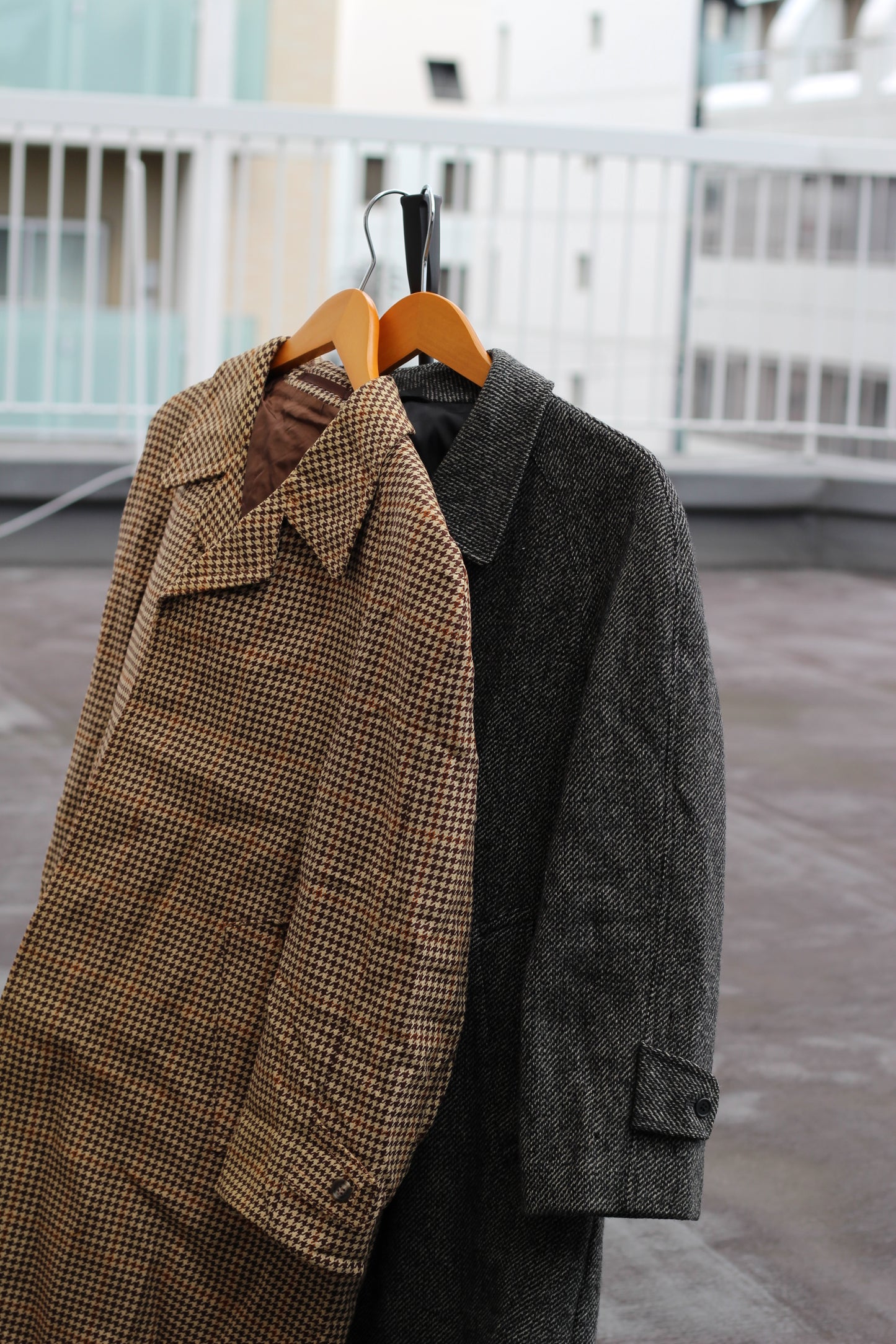 80-90's Made In UK & West Germany Vintage Tweed & Houndstooth Stand Collar Coat set x2点