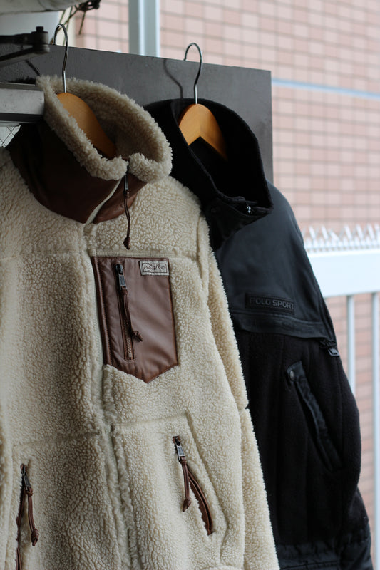 90's Polo Ralph Lauren Fleece Nylon Patchwork Jacket & Leather Trim Boa Jacket set x2点