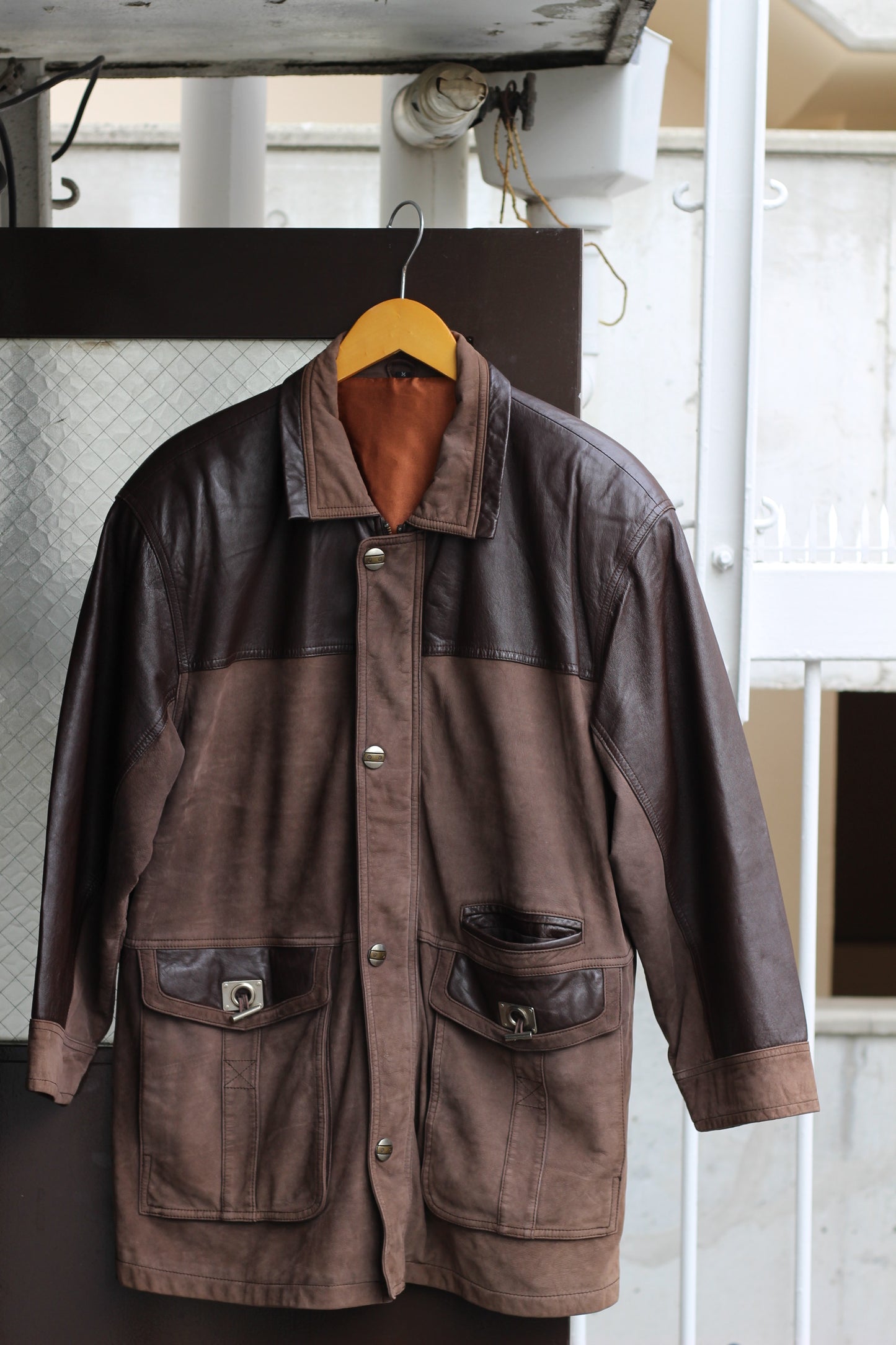 Men's Vintage Utility Design Leather Jacket x3点